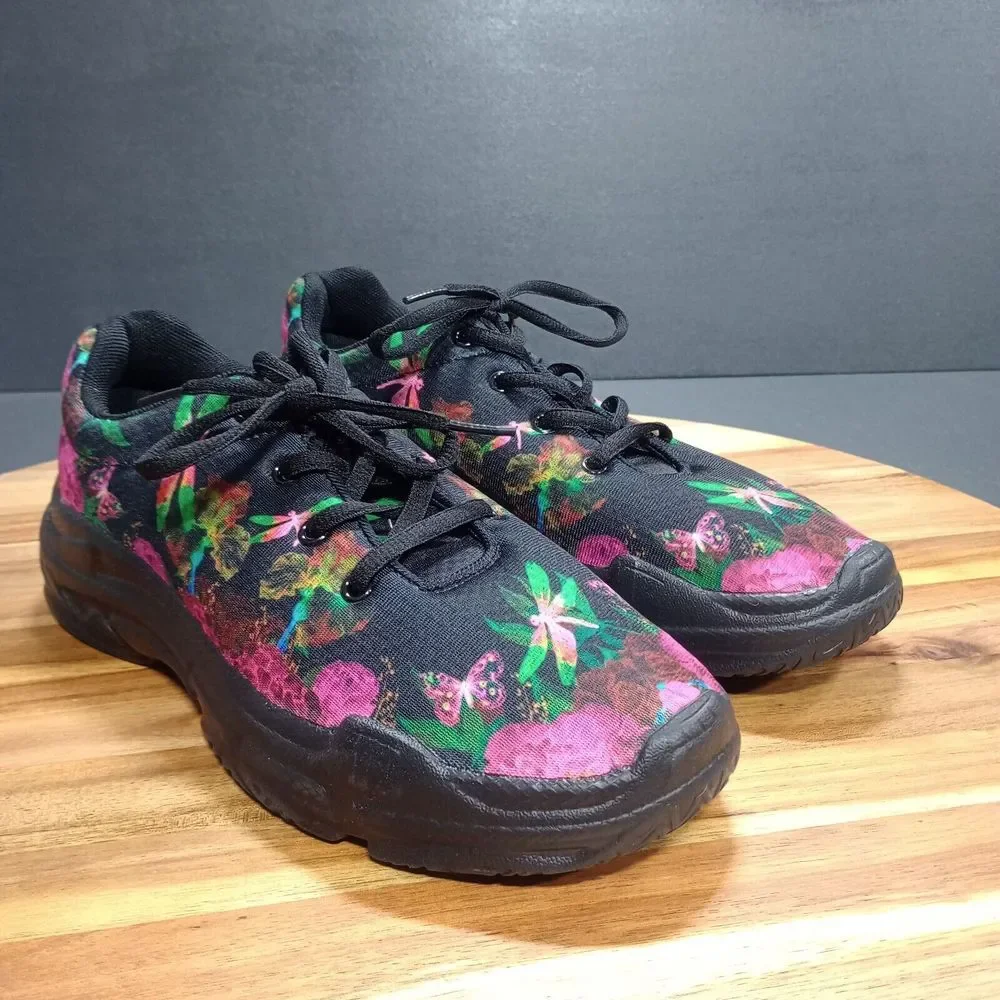 Yes We Vibe Sneakers‎ Shoes Womens Sz 7 M Floral Butteryfly Lace Up Colorful
